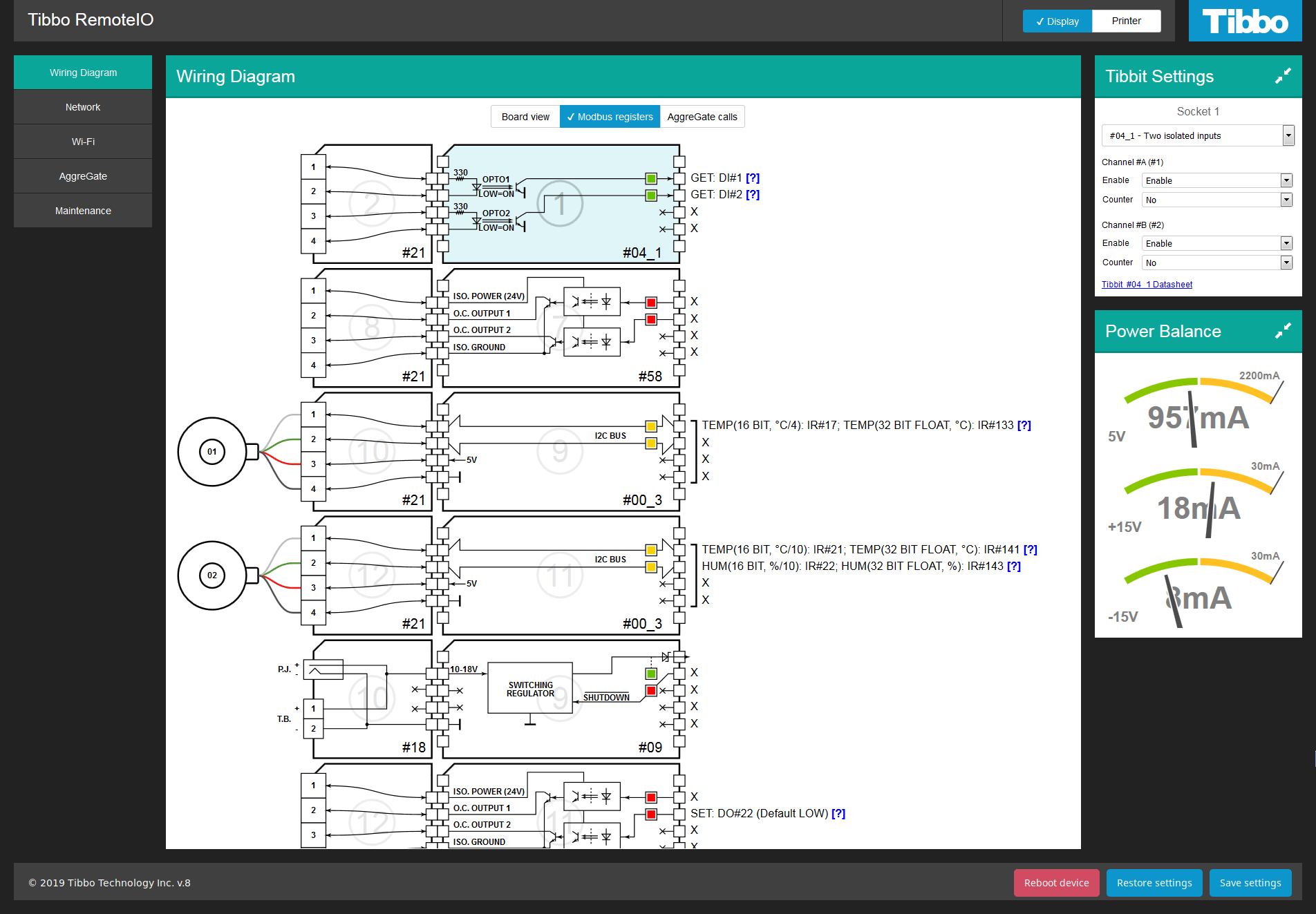 Modbus registers view: Tibbits and related Modbus registers are shown in a list